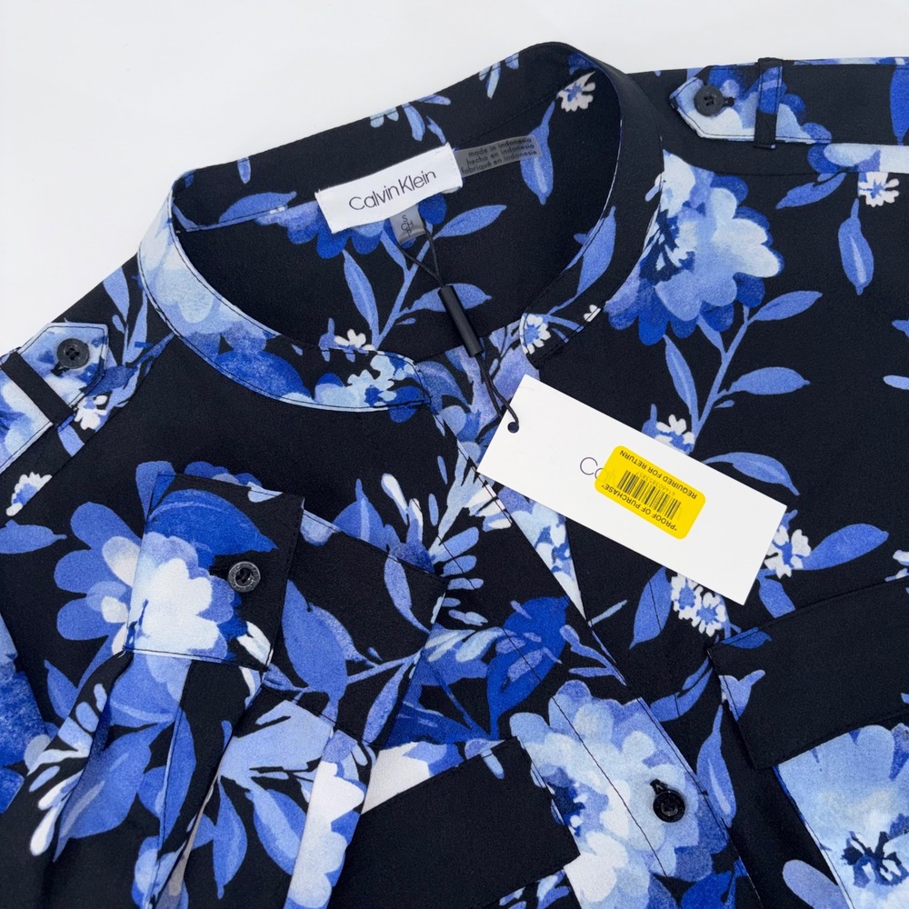 Calvin Klein Womens Blue Floral Utility Blouse Long Sleeve Button Up S
